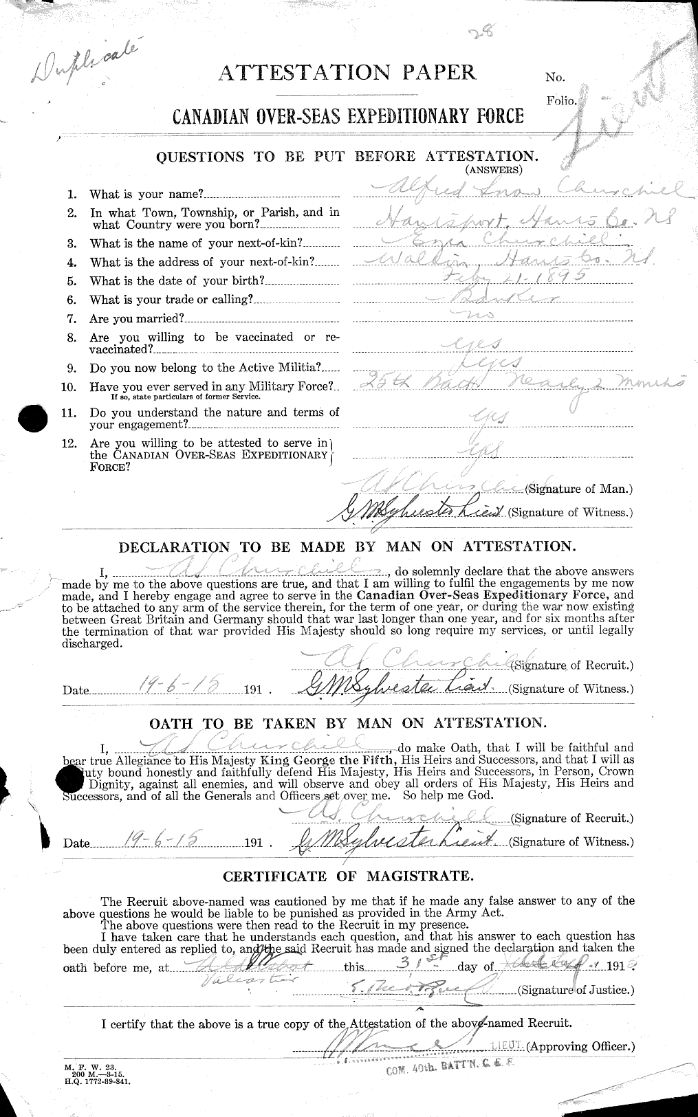 Dossiers du Personnel de la Première Guerre mondiale - CEC 022419a
