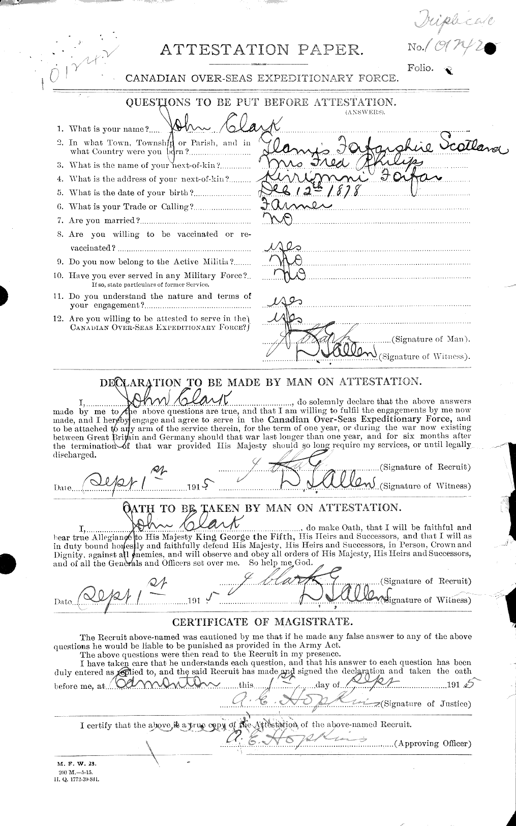 Dossiers du Personnel de la Première Guerre mondiale - CEC 023369a