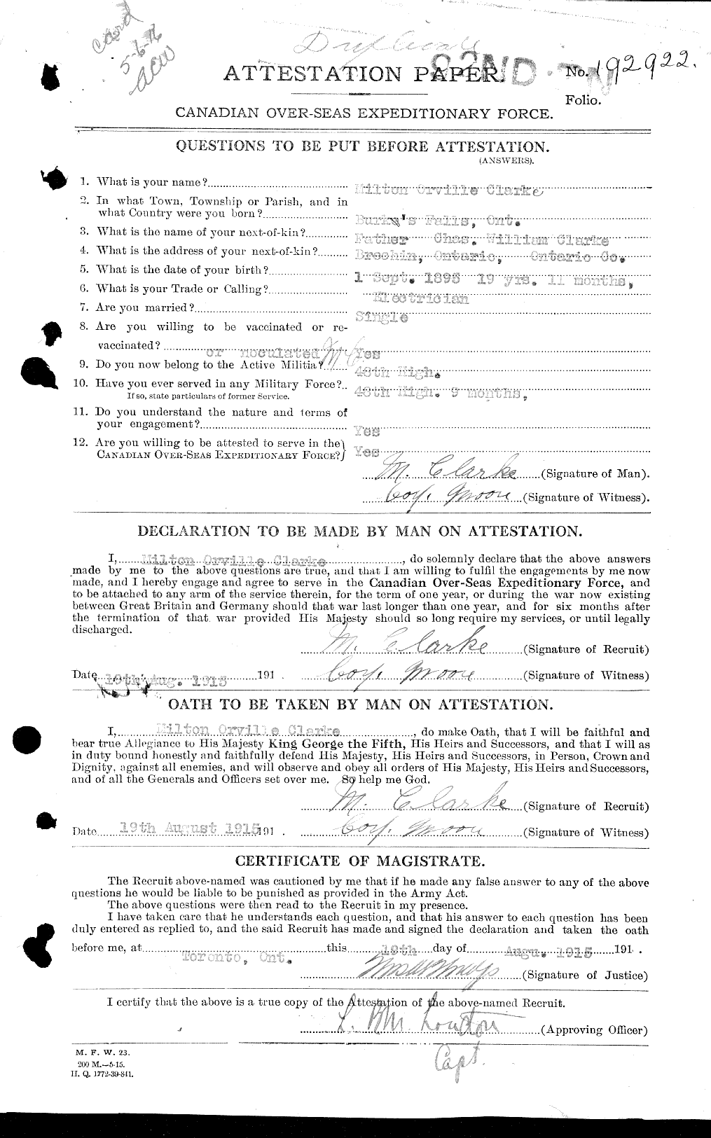 Dossiers du Personnel de la Première Guerre mondiale - CEC 023450a