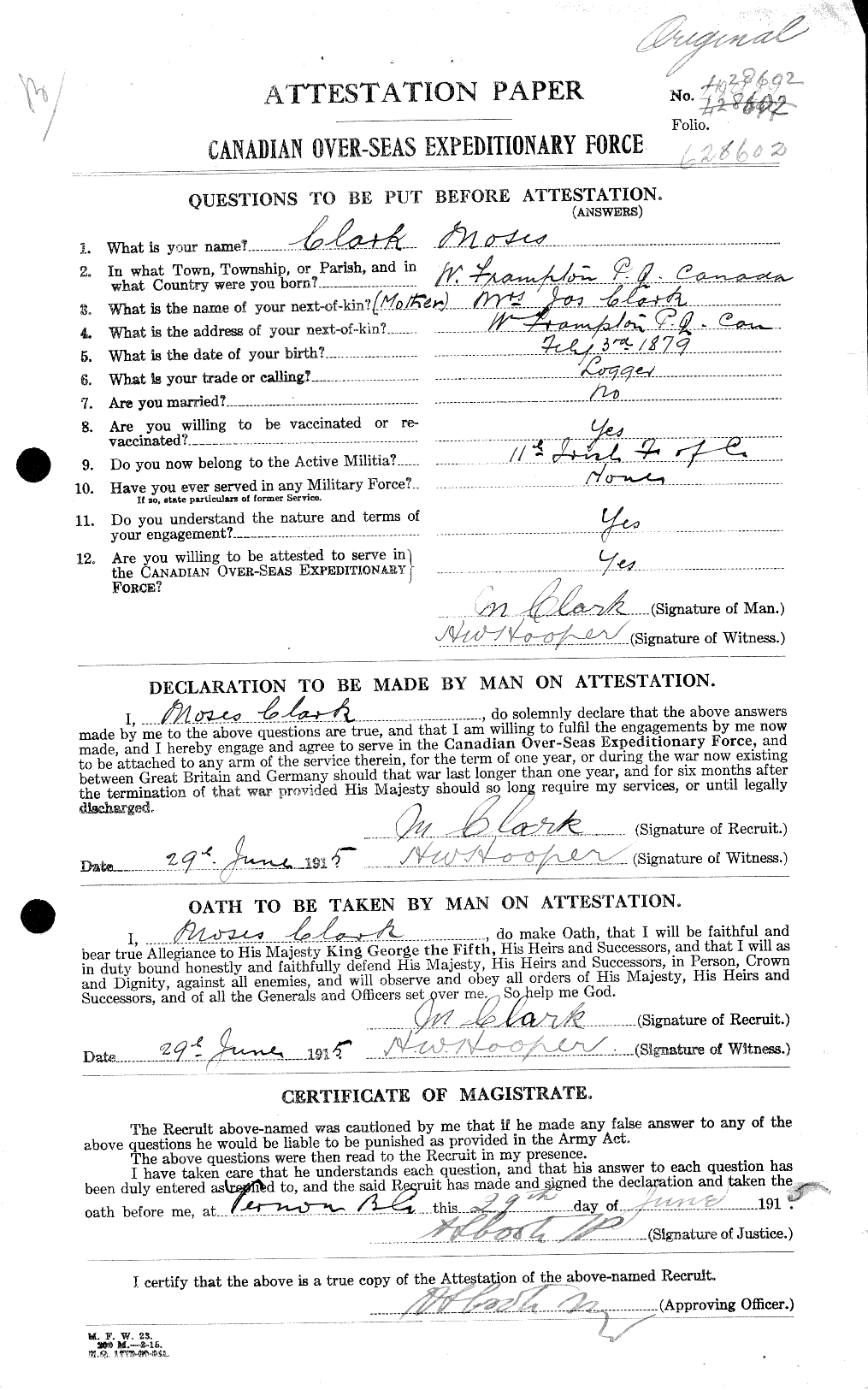 Dossiers du Personnel de la Première Guerre mondiale - CEC 023453a