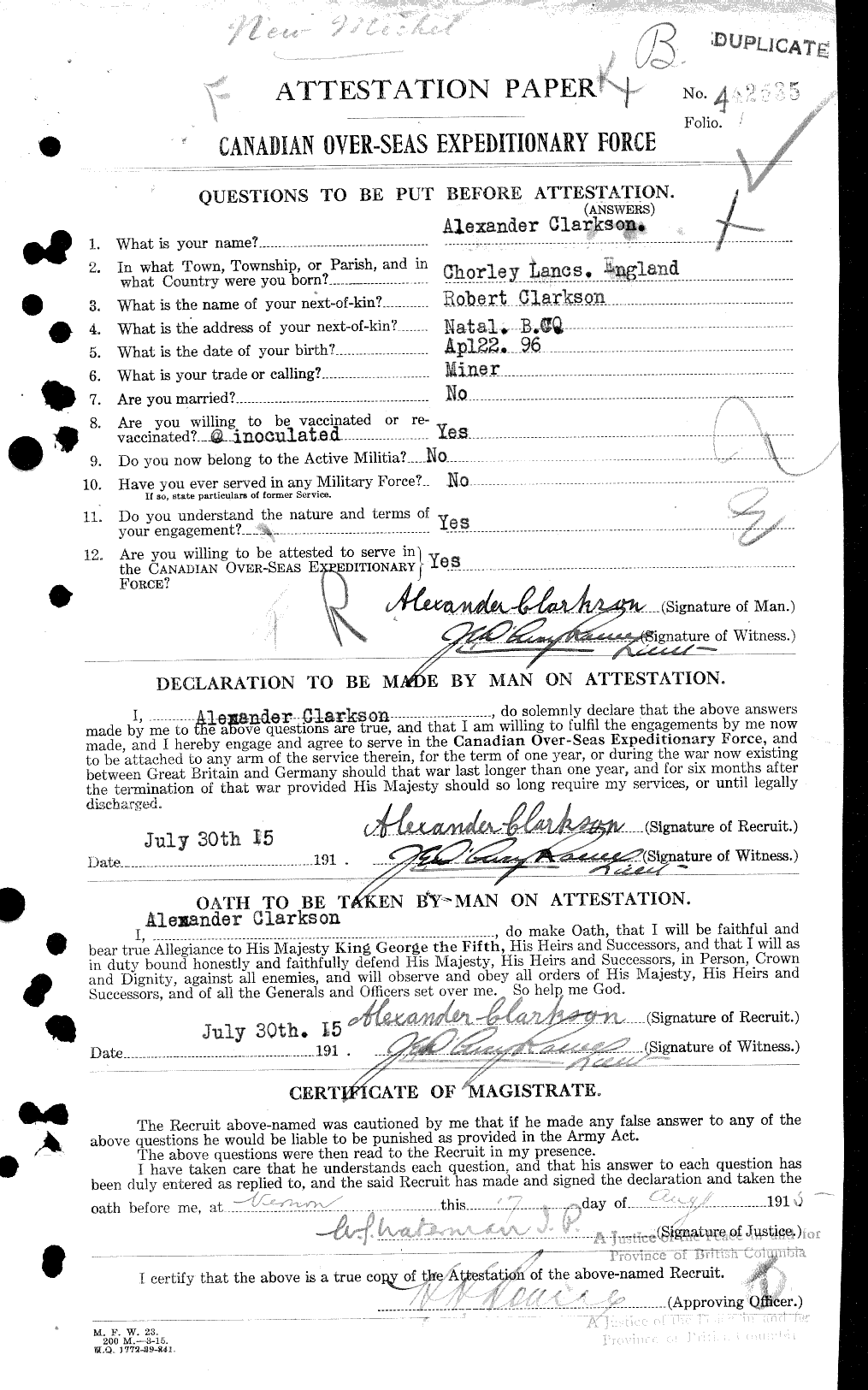 Dossiers du Personnel de la Première Guerre mondiale - CEC 023611a