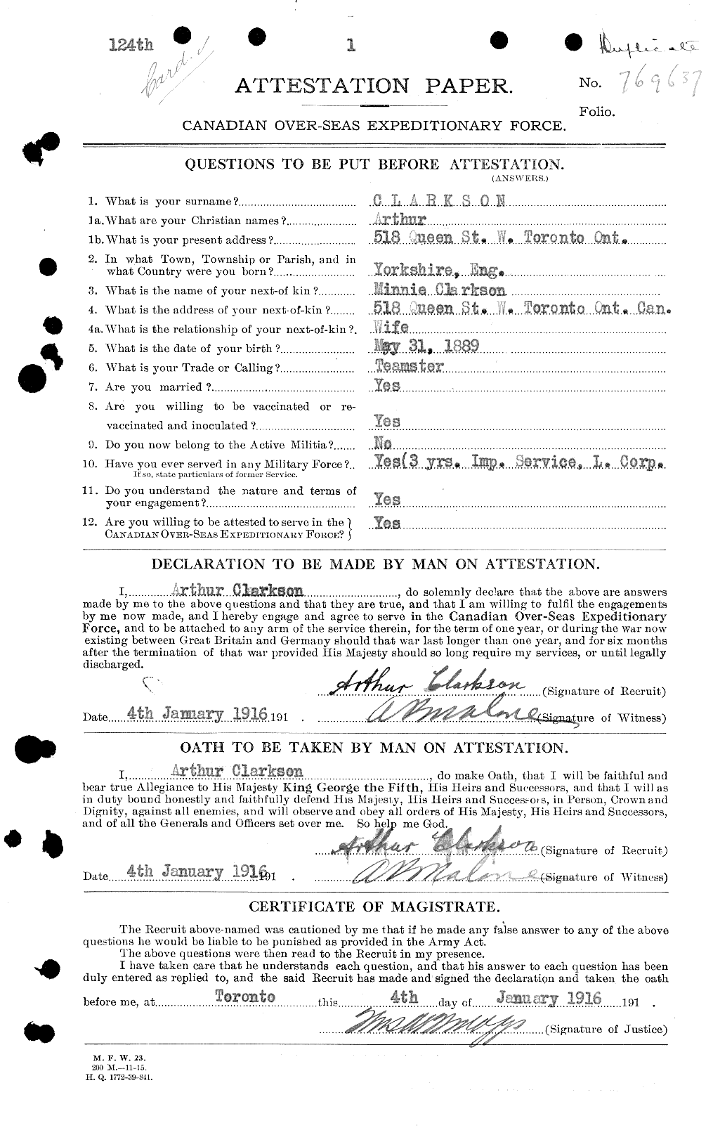 Dossiers du Personnel de la Première Guerre mondiale - CEC 023616a