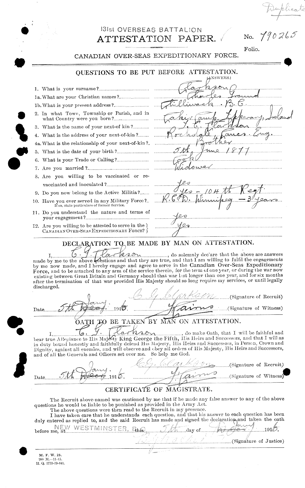 Dossiers du Personnel de la Première Guerre mondiale - CEC 023624a