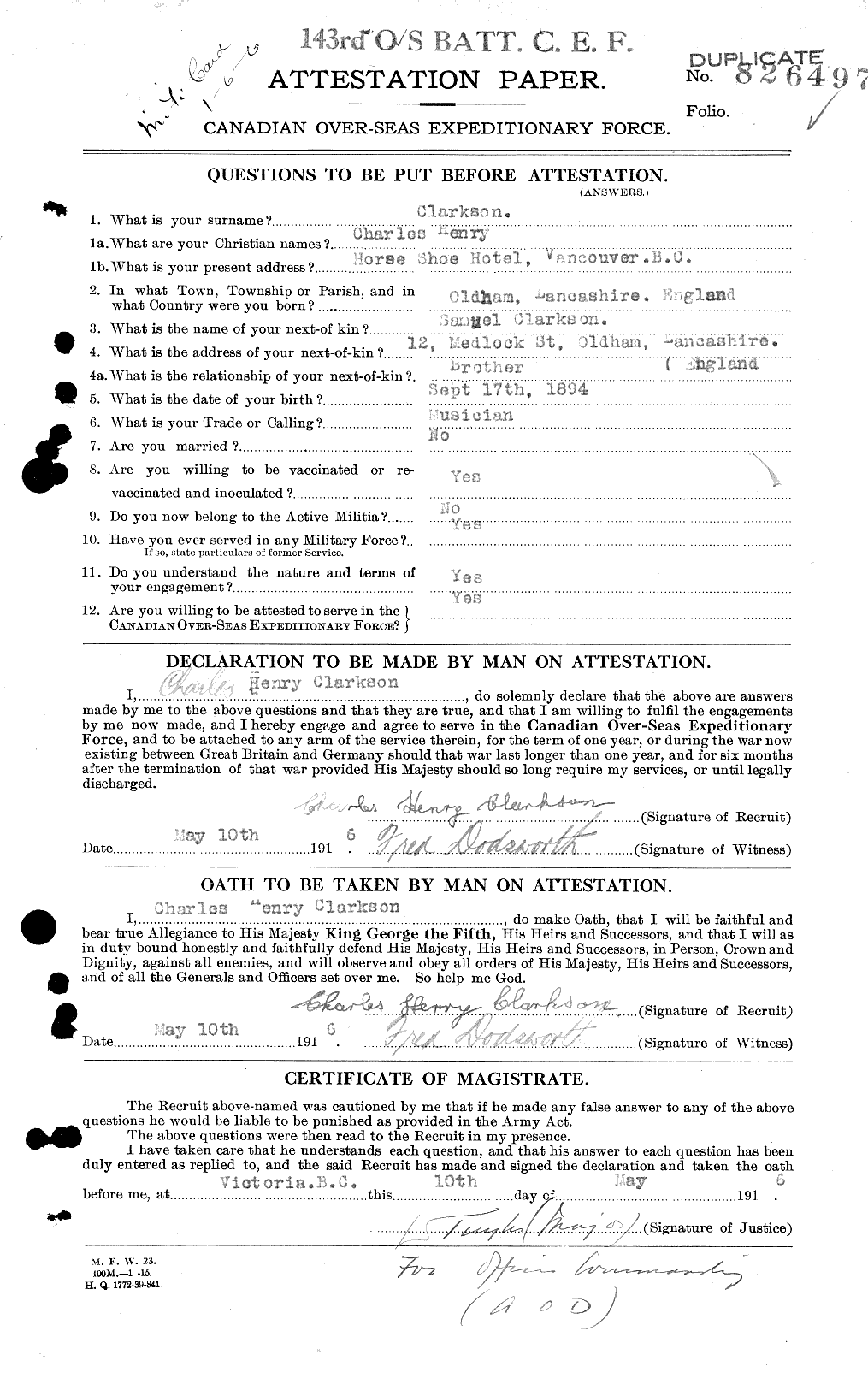 Dossiers du Personnel de la Première Guerre mondiale - CEC 023625a