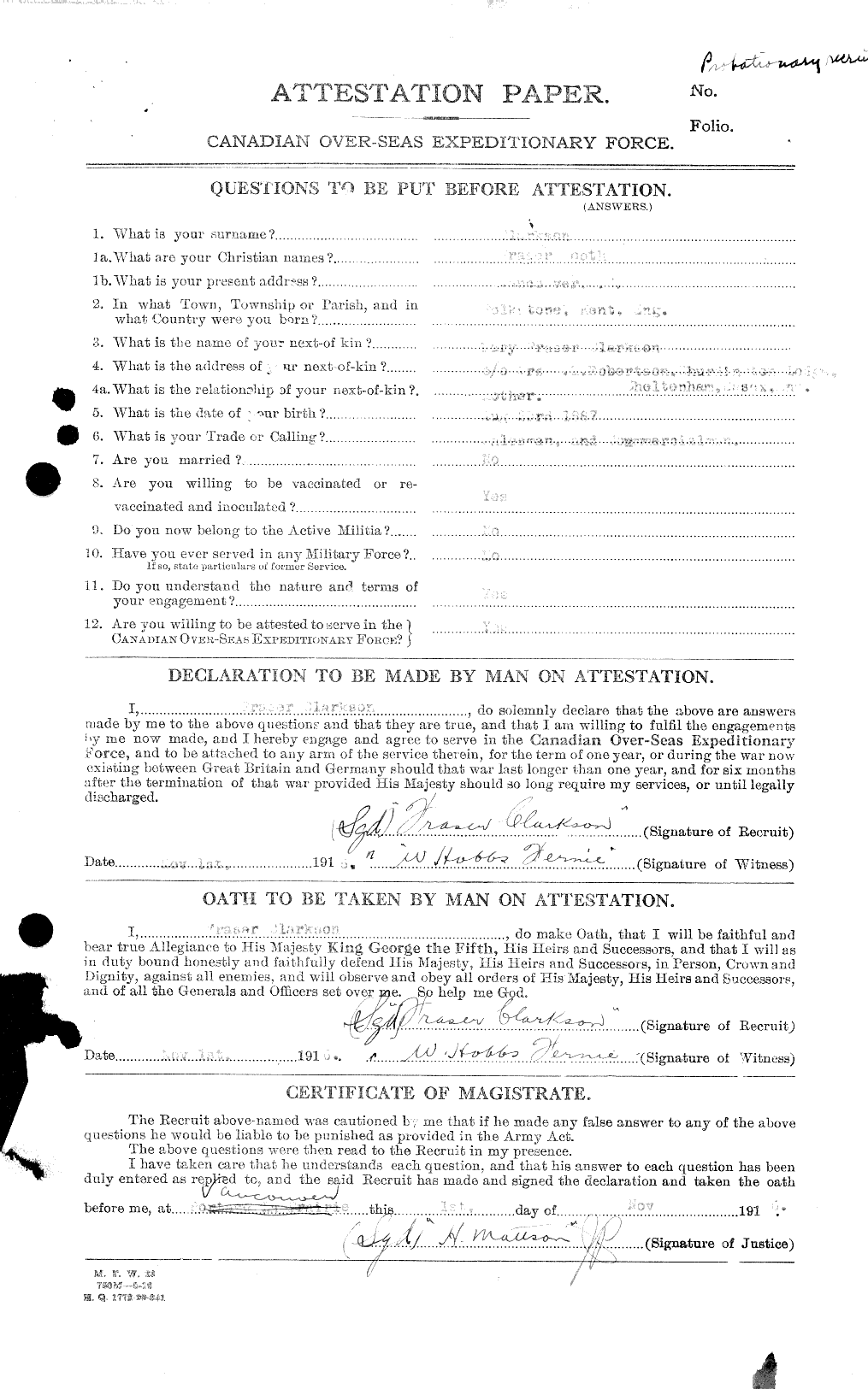 Dossiers du Personnel de la Première Guerre mondiale - CEC 023638a