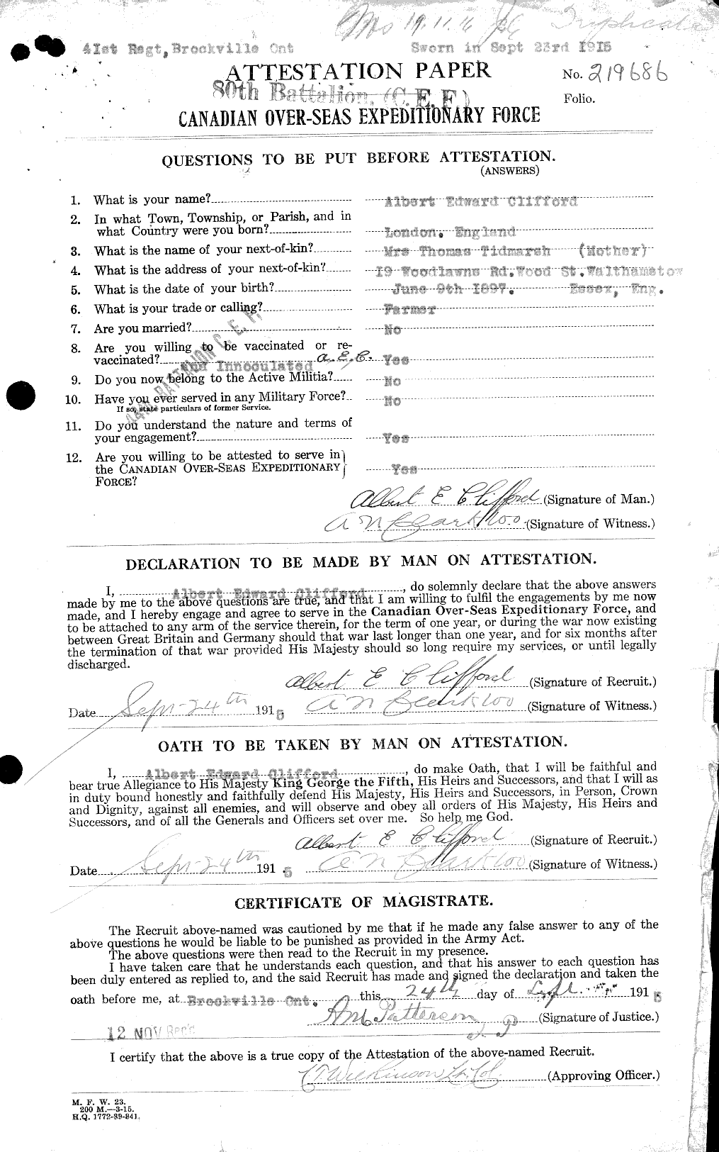 Dossiers du Personnel de la Première Guerre mondiale - CEC 024133a