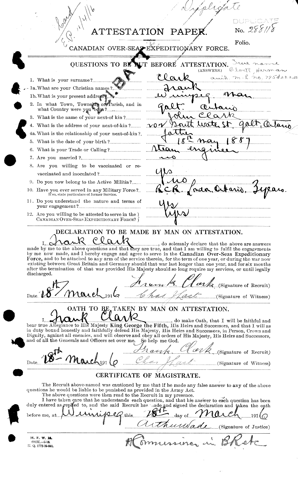 Dossiers du Personnel de la Première Guerre mondiale - CEC 024288a