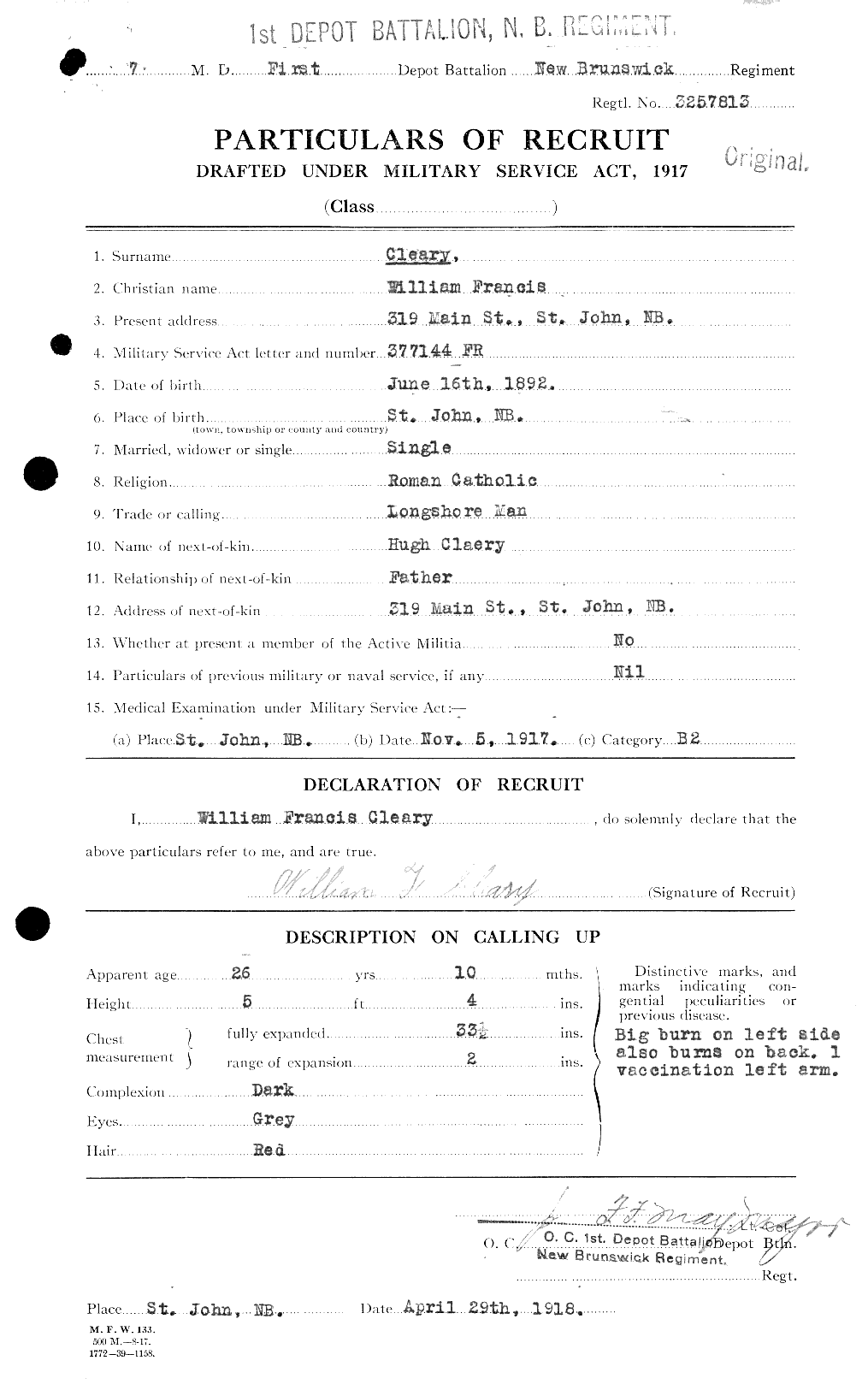 Dossiers du Personnel de la Première Guerre mondiale - CEC 024848a
