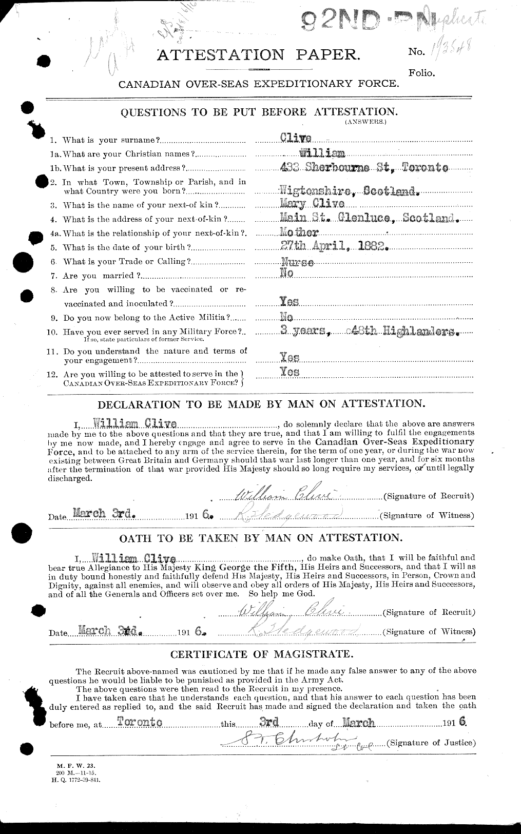 Dossiers du Personnel de la Première Guerre mondiale - CEC 025429a