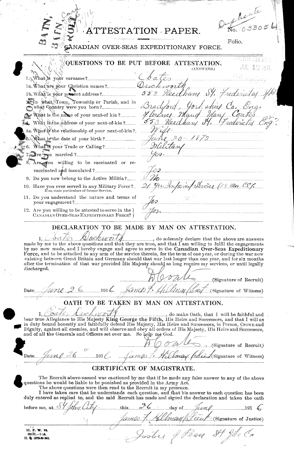 Dossiers du Personnel de la Première Guerre mondiale - CEC 025610a