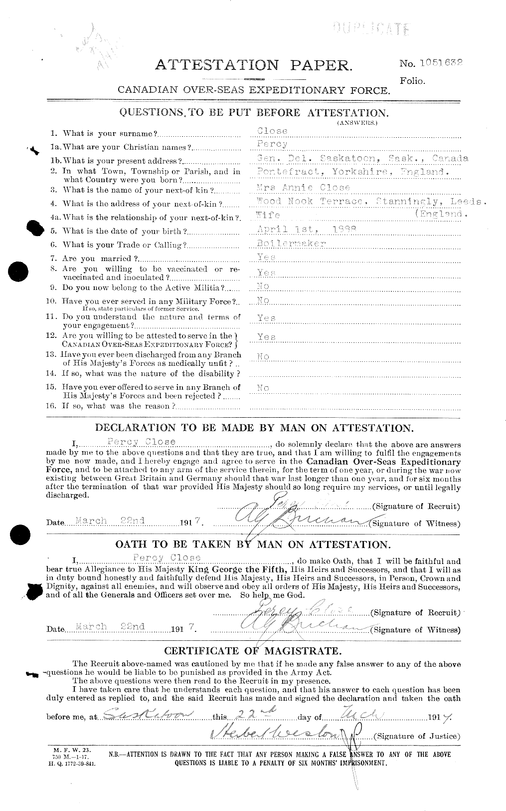 Dossiers du Personnel de la Première Guerre mondiale - CEC 025926a
