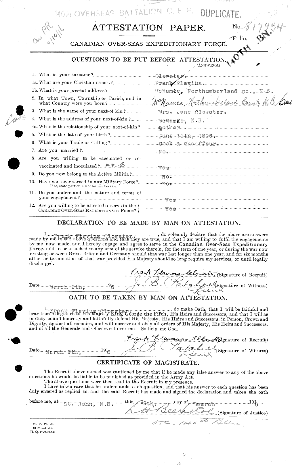 Dossiers du Personnel de la Première Guerre mondiale - CEC 026240a