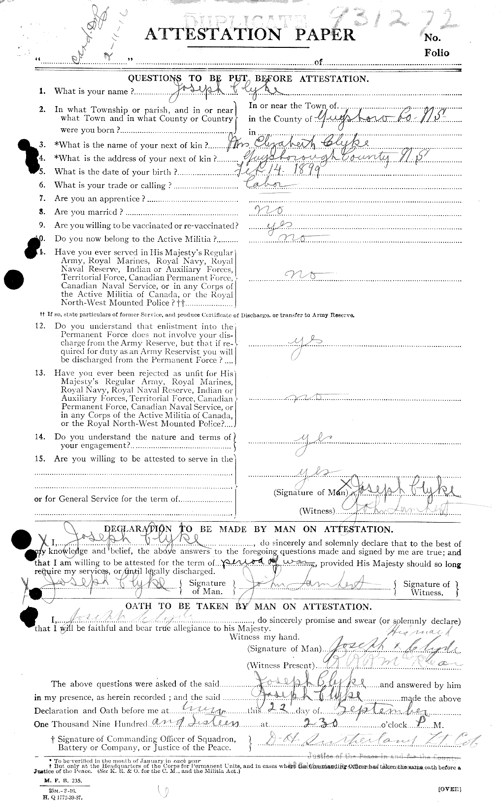 Dossiers du Personnel de la Première Guerre mondiale - CEC 026323a