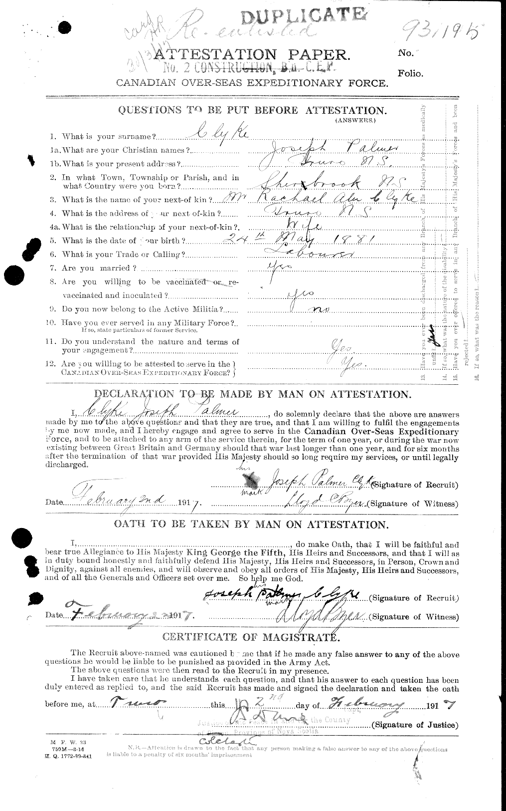 Dossiers du Personnel de la Première Guerre mondiale - CEC 026324a