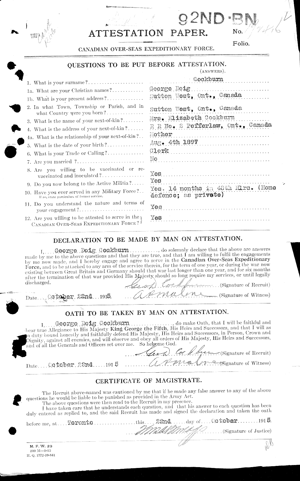 Dossiers du Personnel de la Première Guerre mondiale - CEC 026553a