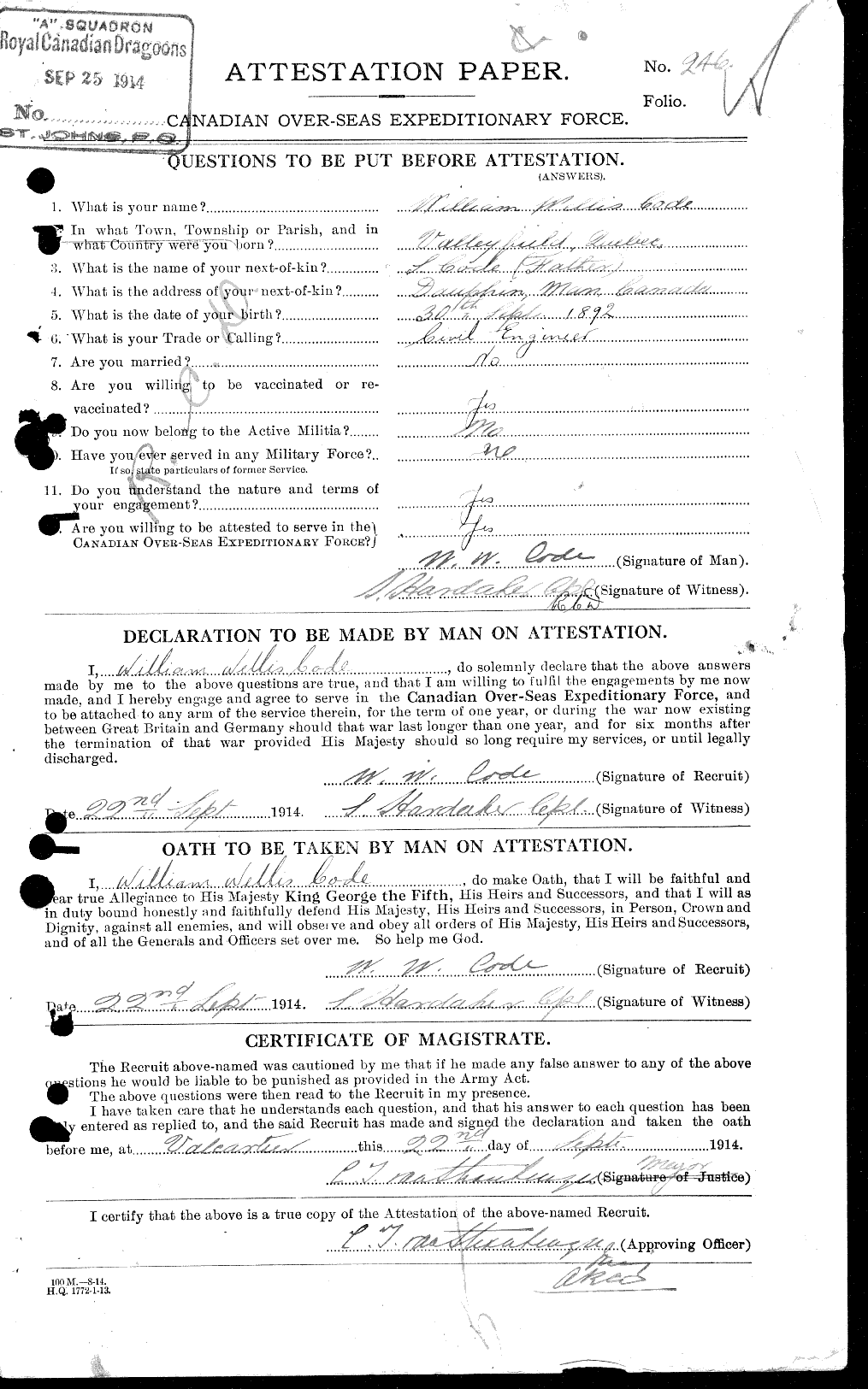 Dossiers du Personnel de la Première Guerre mondiale - CEC 026840a