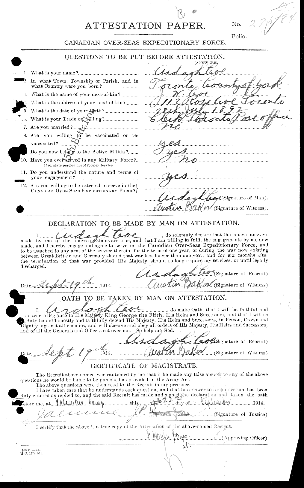 Dossiers du Personnel de la Première Guerre mondiale - CEC 026937a
