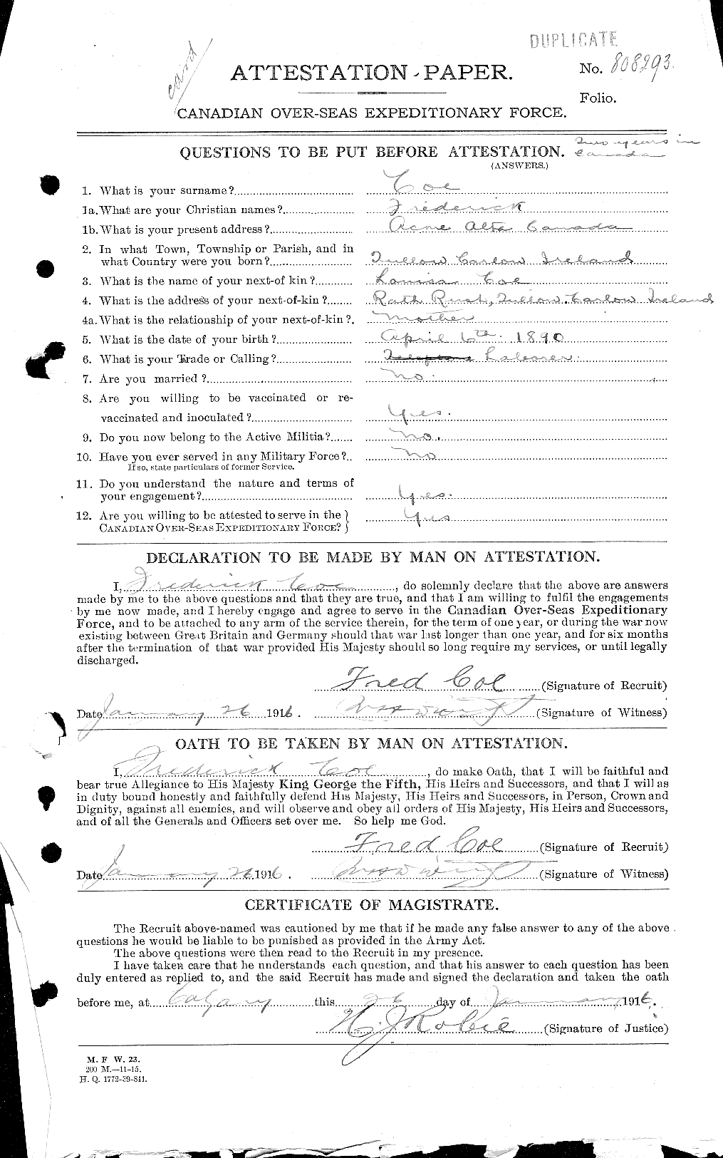 Dossiers du Personnel de la Première Guerre mondiale - CEC 026948a