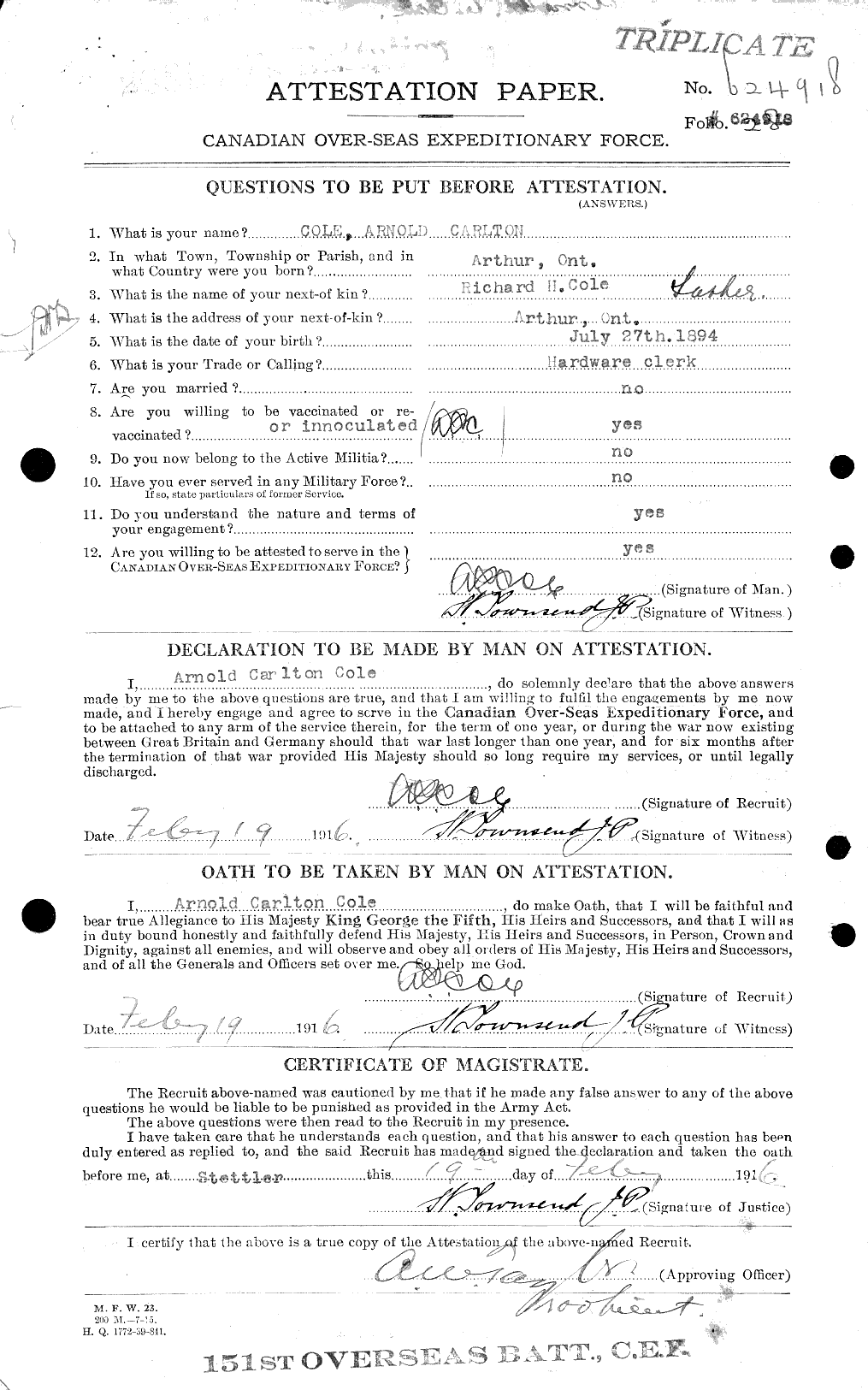 Dossiers du Personnel de la Première Guerre mondiale - CEC 027594a