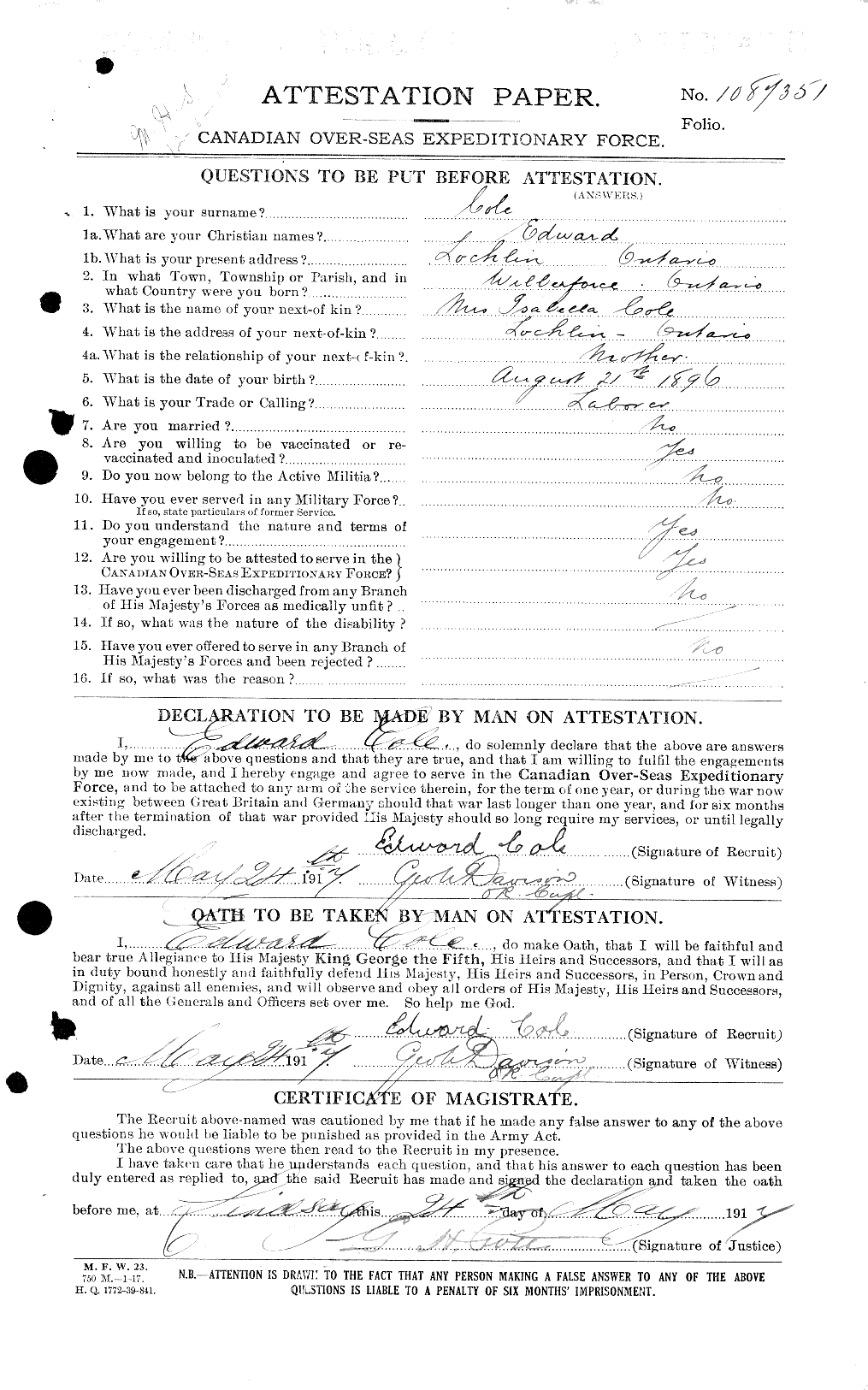 Dossiers du Personnel de la Première Guerre mondiale - CEC 027678a