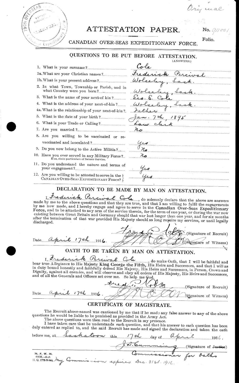 Dossiers du Personnel de la Première Guerre mondiale - CEC 027742a
