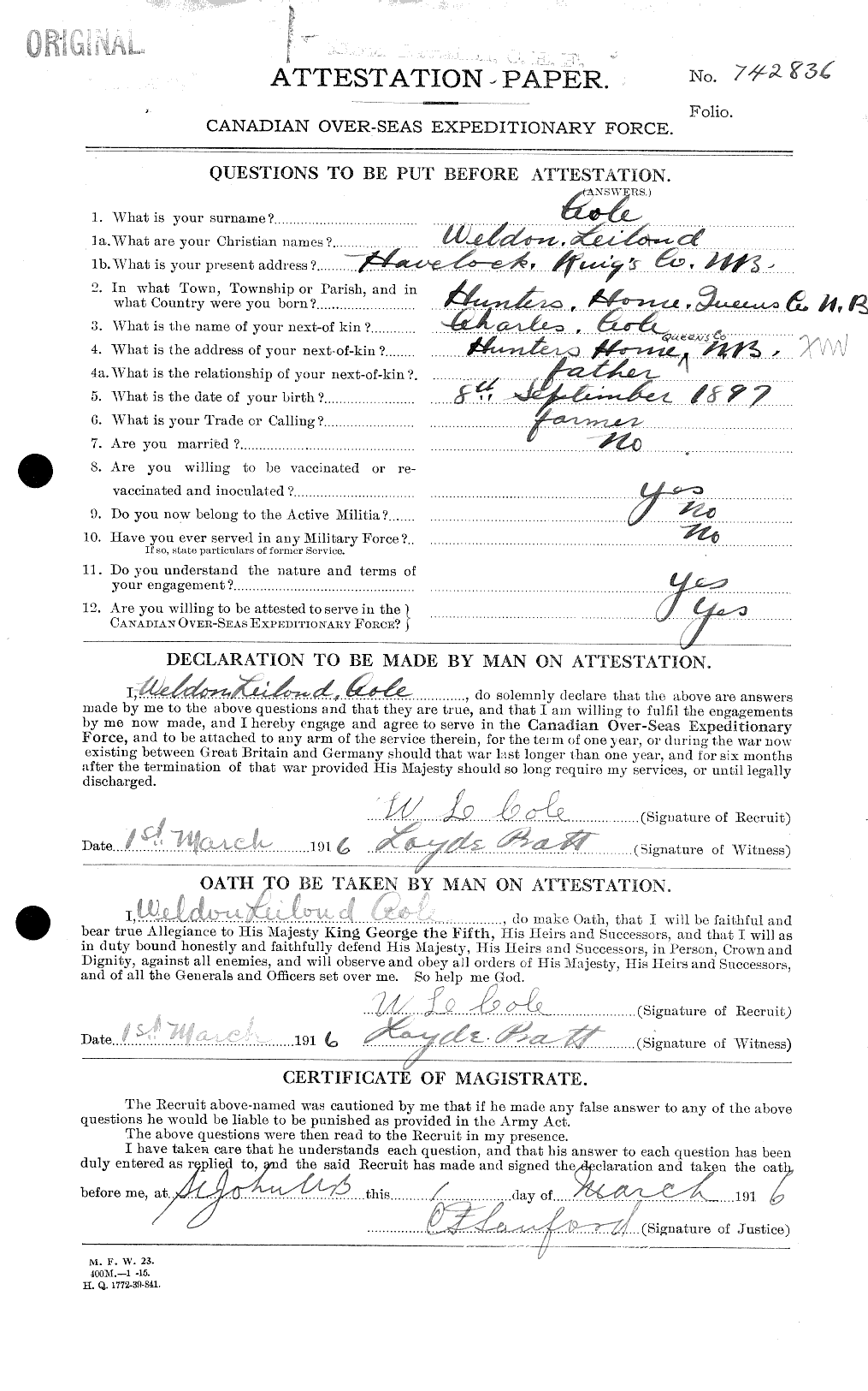 Dossiers du Personnel de la Première Guerre mondiale - CEC 027980a