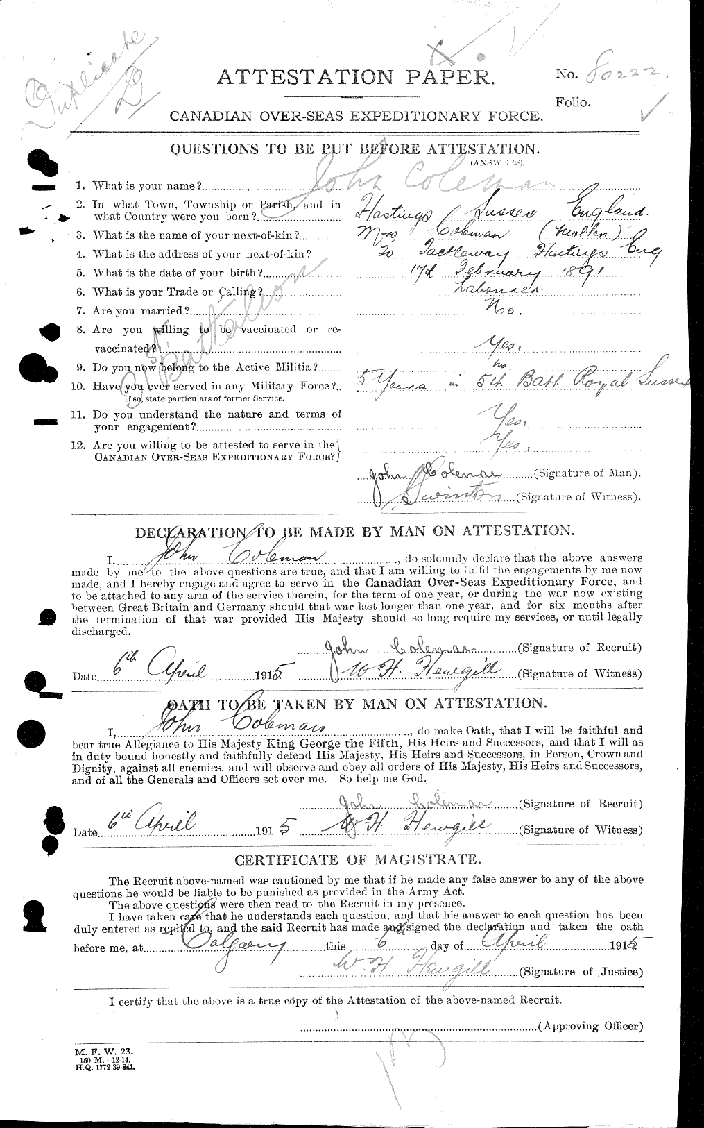 Dossiers du Personnel de la Première Guerre mondiale - CEC 028197a