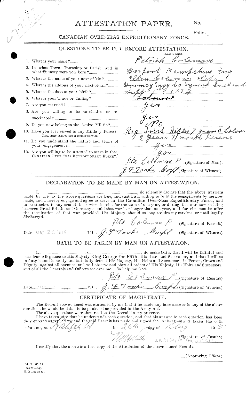 Dossiers du Personnel de la Première Guerre mondiale - CEC 028250a