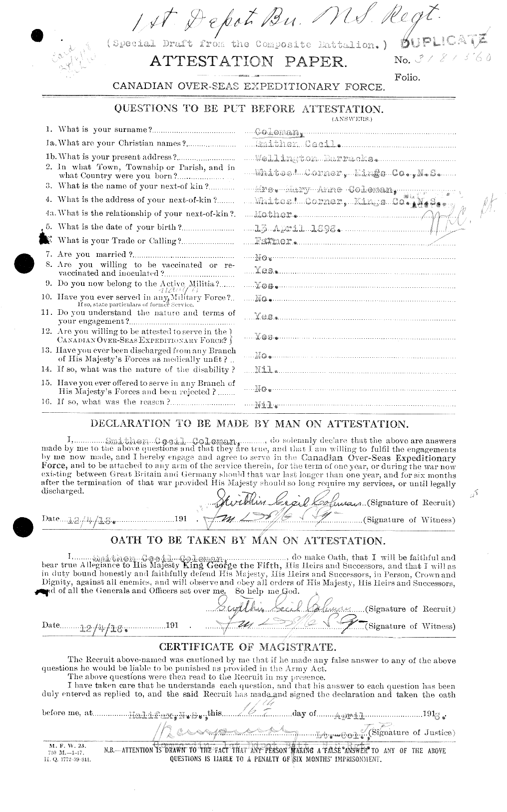 Dossiers du Personnel de la Première Guerre mondiale - CEC 028267a