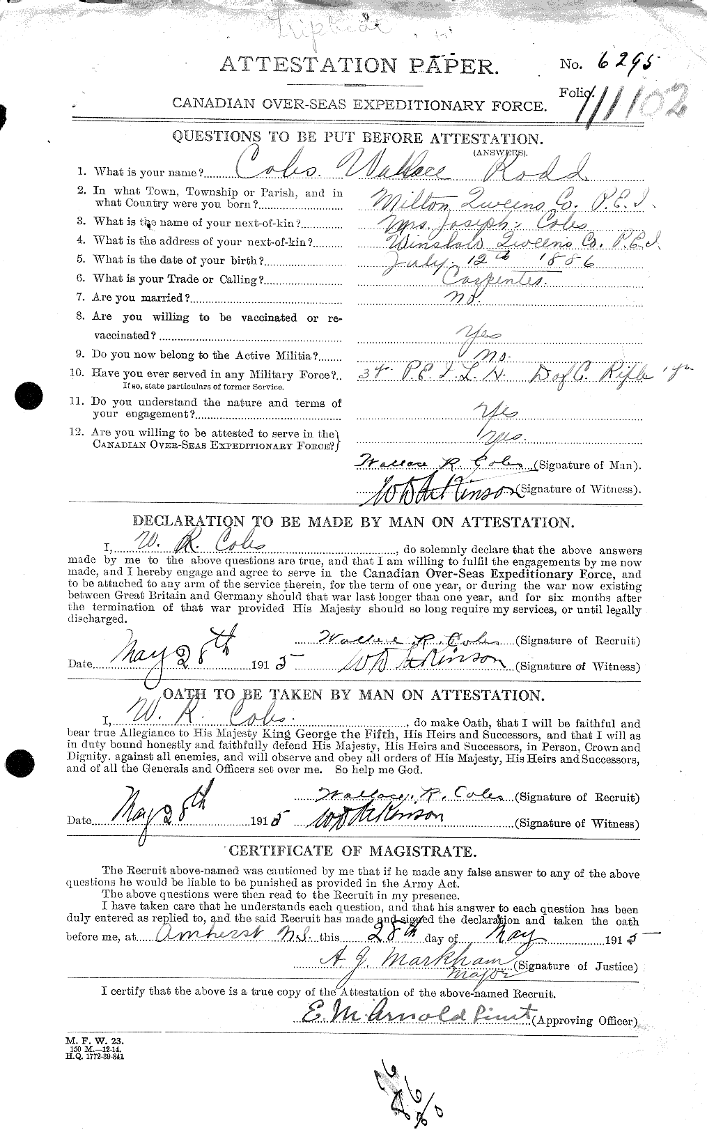 Dossiers du Personnel de la Première Guerre mondiale - CEC 028423a