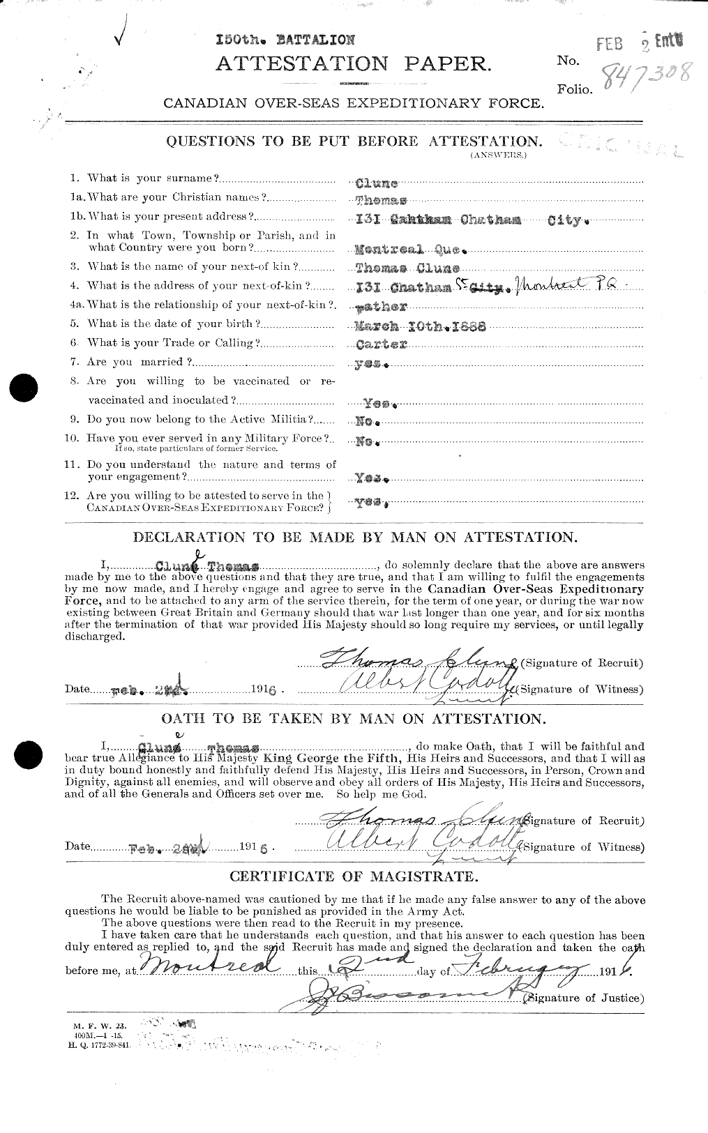 Dossiers du Personnel de la Première Guerre mondiale - CEC 029214a