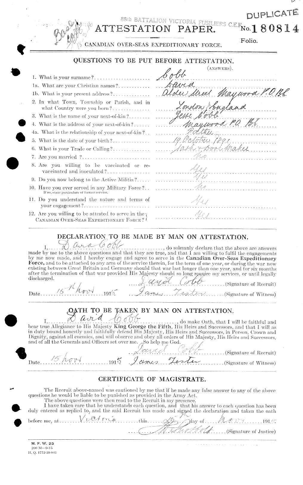 Dossiers du Personnel de la Première Guerre mondiale - CEC 029462a