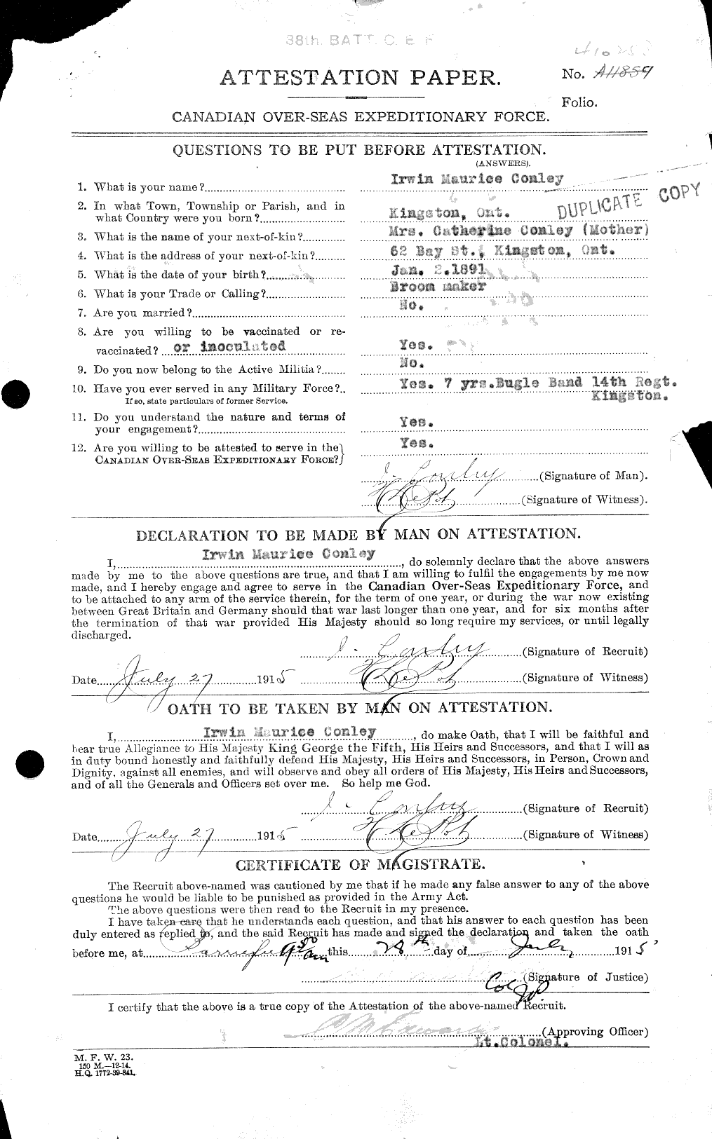 Dossiers du Personnel de la Première Guerre mondiale - CEC 031445a
