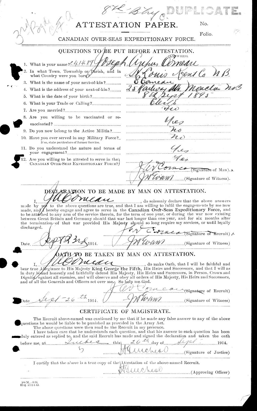 Dossiers du Personnel de la Première Guerre mondiale - CEC 034658a
