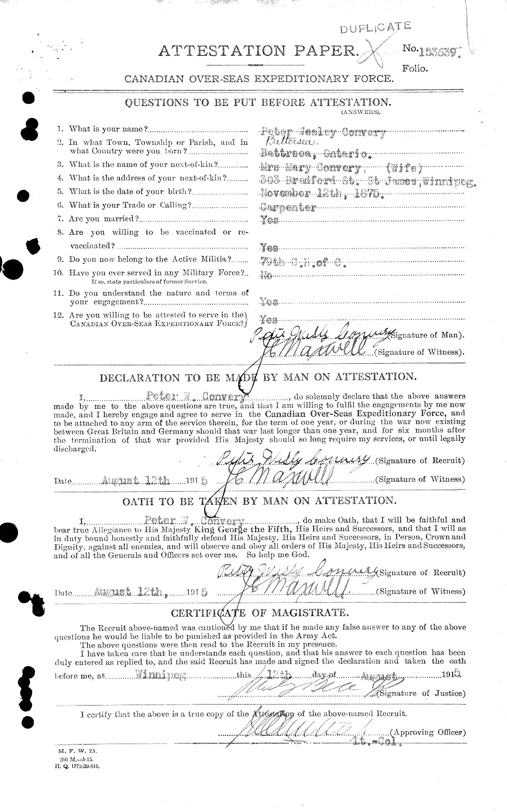 Dossiers du Personnel de la Première Guerre mondiale - CEC 034786a