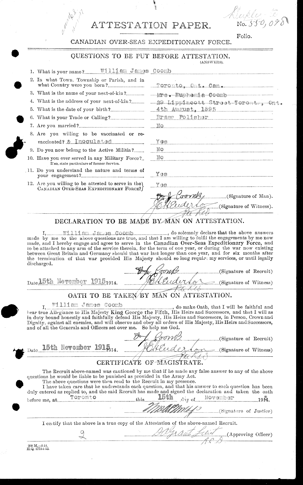 Dossiers du Personnel de la Première Guerre mondiale - CEC 036491a