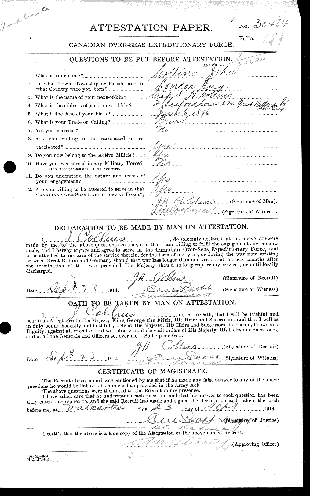 Dossiers du Personnel de la Première Guerre mondiale - CEC 037967a