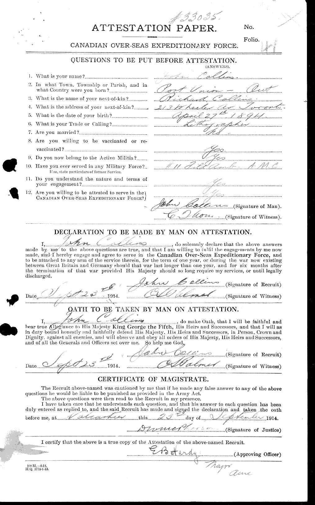 Dossiers du Personnel de la Première Guerre mondiale - CEC 037968a