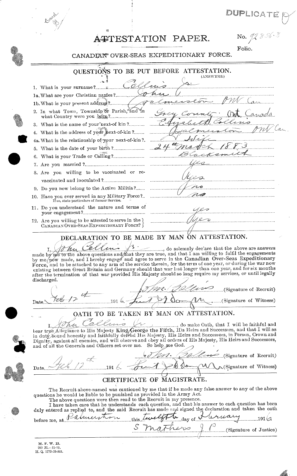 Dossiers du Personnel de la Première Guerre mondiale - CEC 037985a