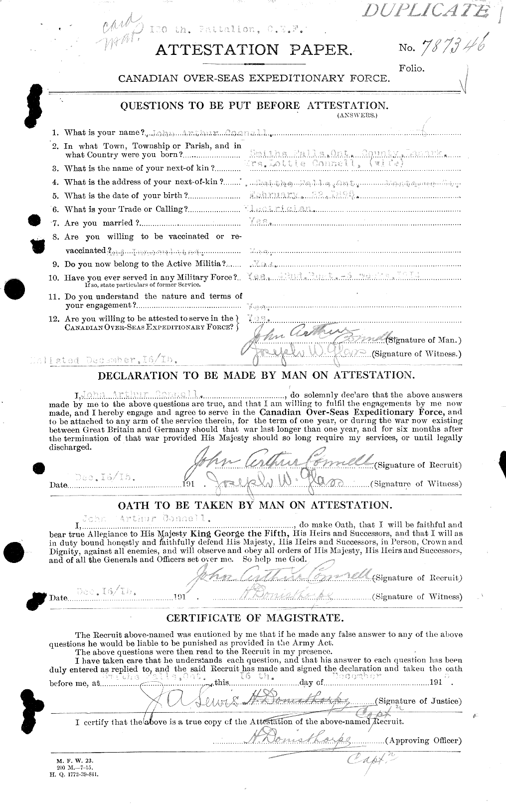 Dossiers du Personnel de la Première Guerre mondiale - CEC 038182a