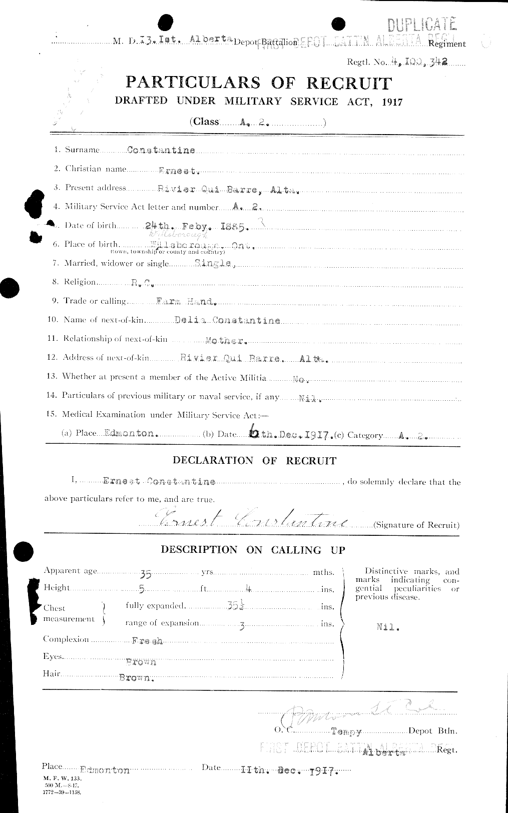 Dossiers du Personnel de la Première Guerre mondiale - CEC 038600a