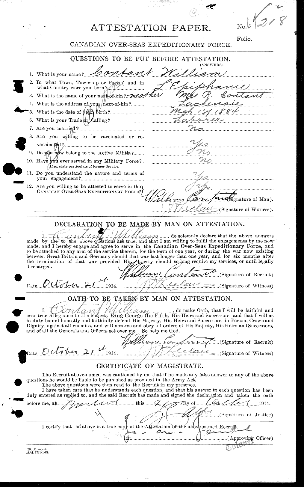 Dossiers du Personnel de la Première Guerre mondiale - CEC 038645a