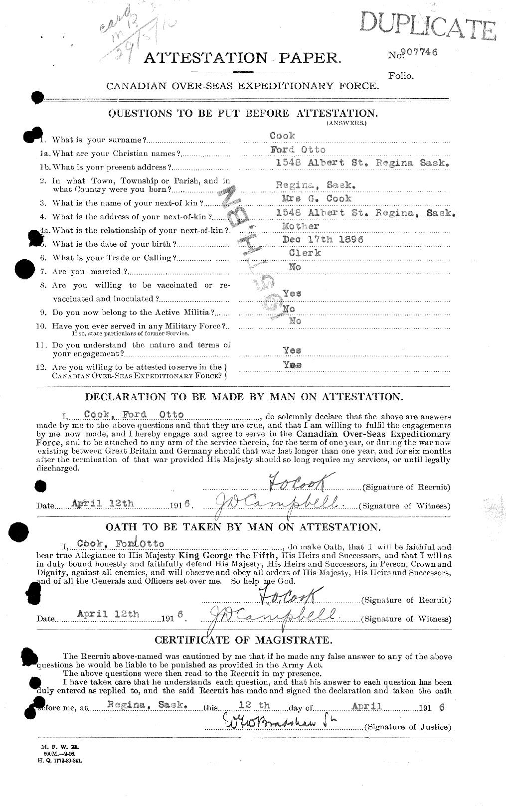 Dossiers du Personnel de la Première Guerre mondiale - CEC 038785a
