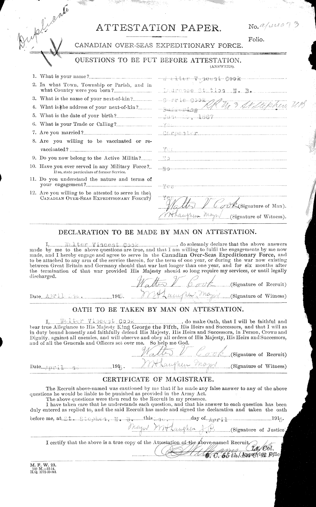 Dossiers du Personnel de la Première Guerre mondiale - CEC 039077a