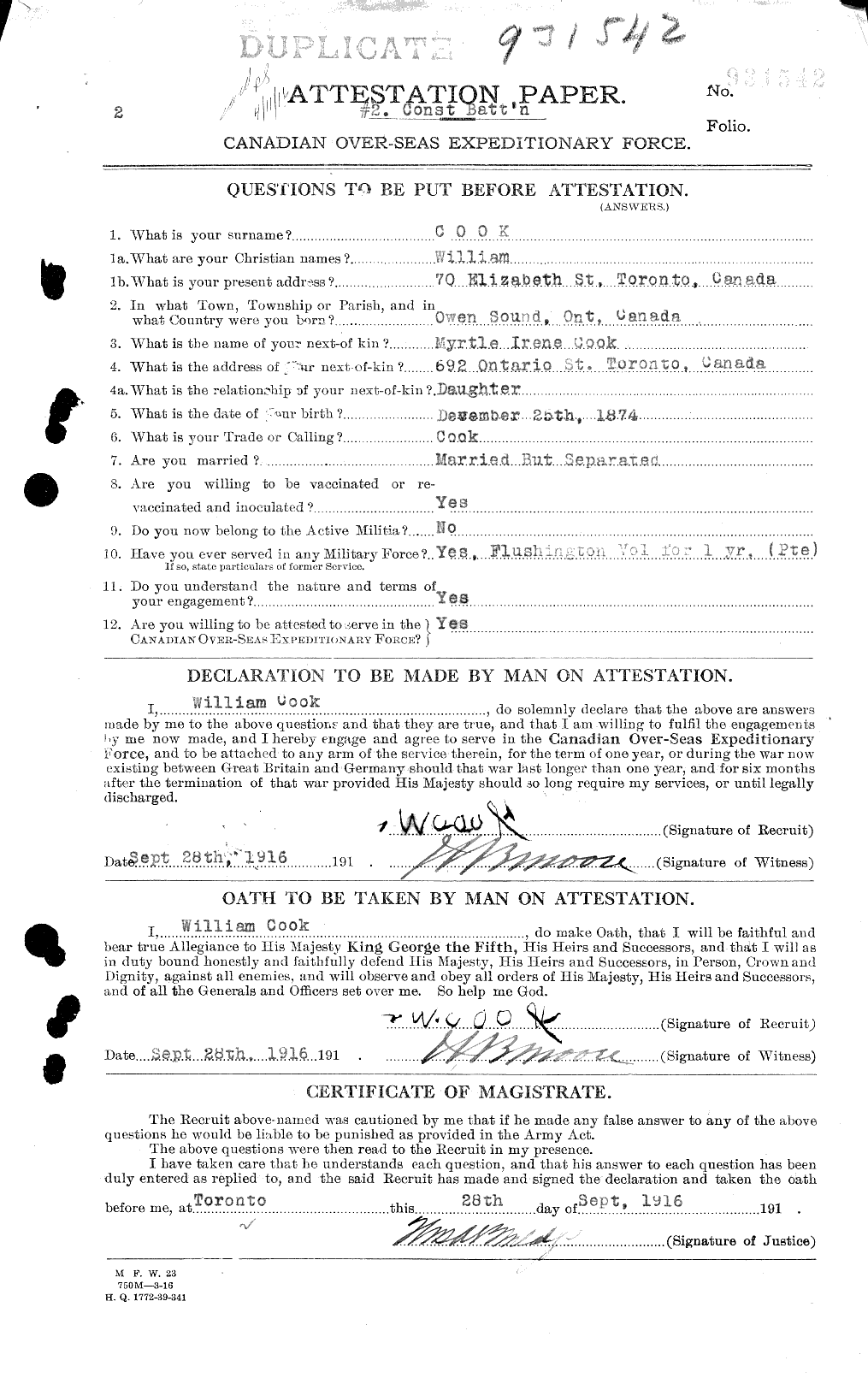 Dossiers du Personnel de la Première Guerre mondiale - CEC 039115a