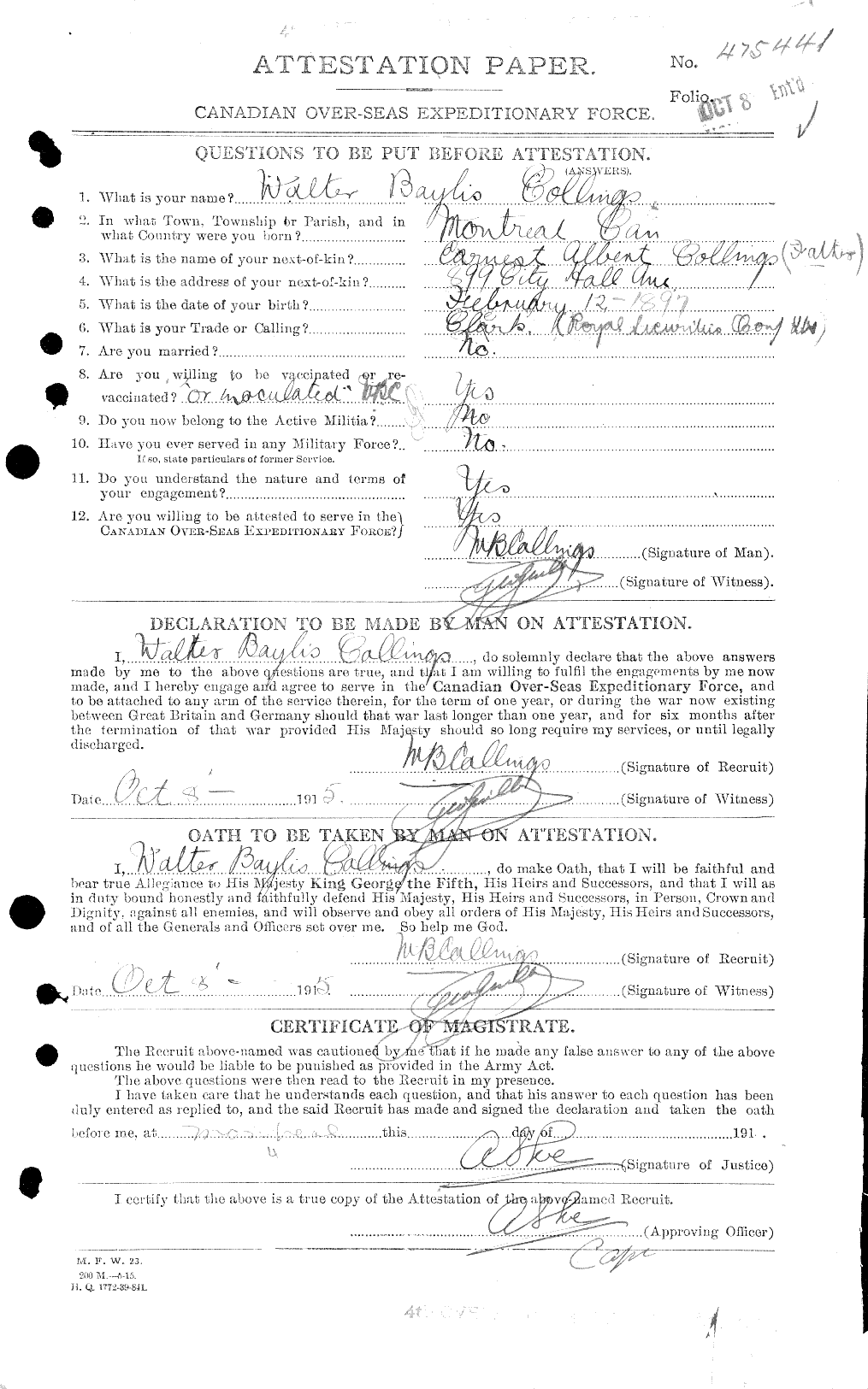 Dossiers du Personnel de la Première Guerre mondiale - CEC 040692a