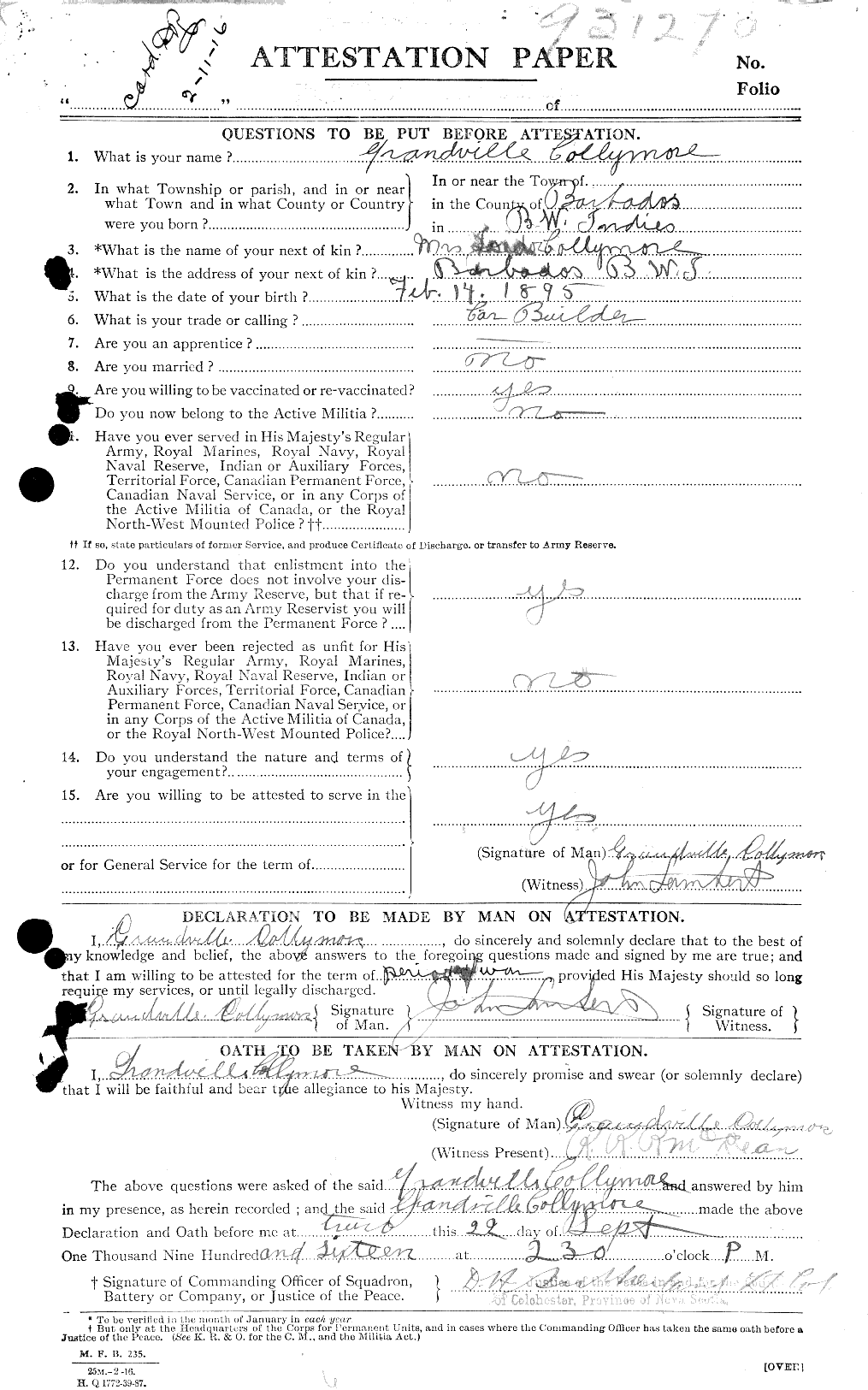 Dossiers du Personnel de la Première Guerre mondiale - CEC 040755a