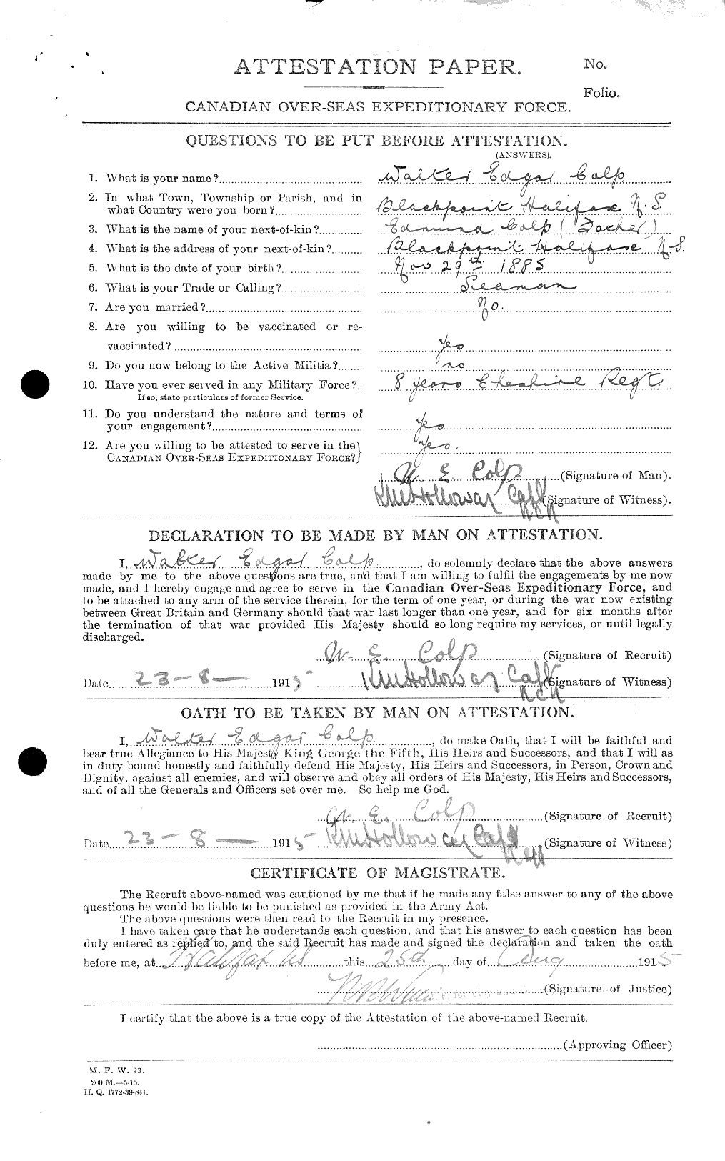Dossiers du Personnel de la Première Guerre mondiale - CEC 040793a