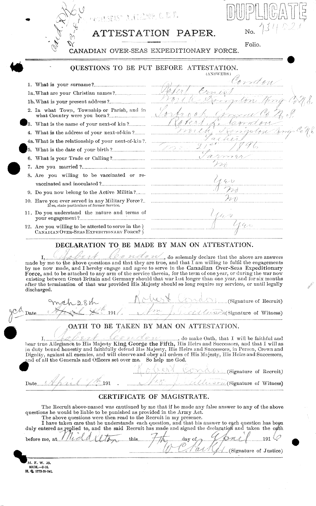 Dossiers du Personnel de la Première Guerre mondiale - CEC 041037a