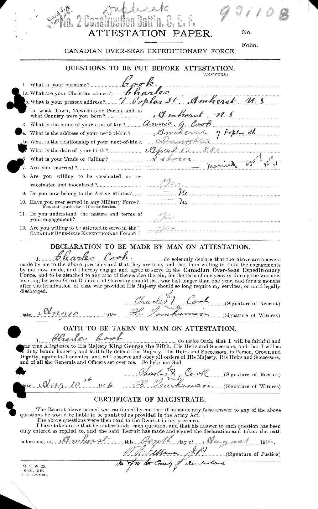Dossiers du Personnel de la Première Guerre mondiale - CEC 041222a